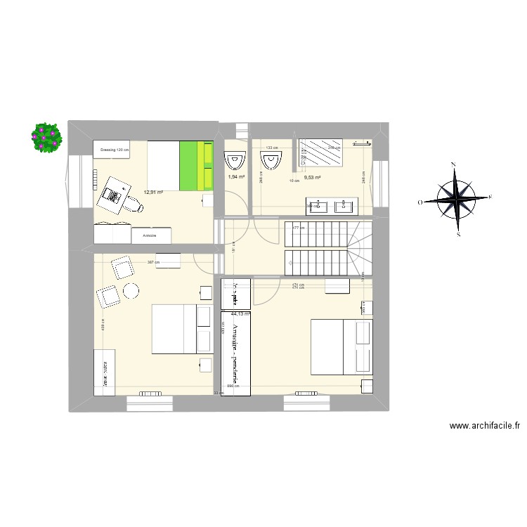 premier étage V3. Plan de 4 pièces et 69 m2