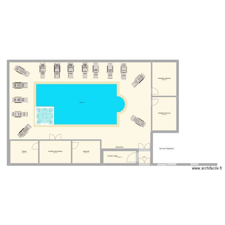 Piscine sauna. Plan de 8 pièces et 242 m2