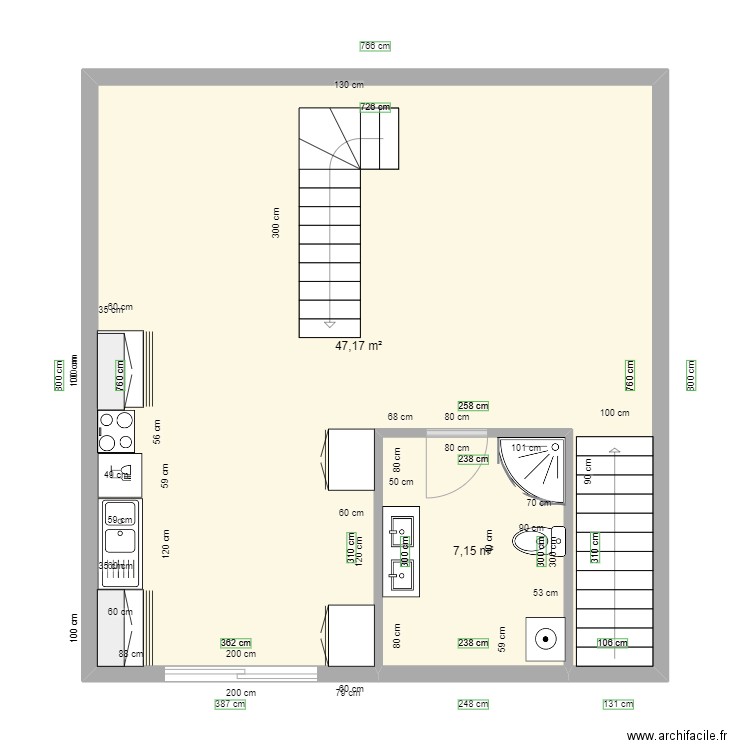 ETAGE3 meu. Plan de 2 pièces et 54 m2