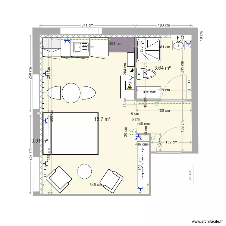 VR 9 Lausanne meubl&eacute; studio II fvariante lit III. Plan de 