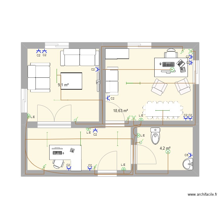 oficina . Plan de 3 pièces et 32 m2