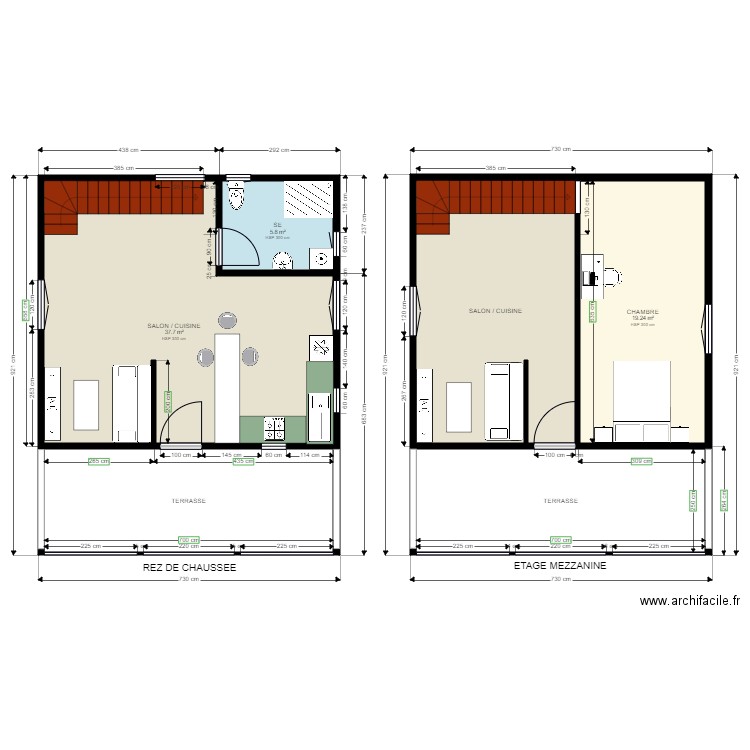 CHAMBRE/SALON DUPLEX . Plan de 6 pièces et 122 m2