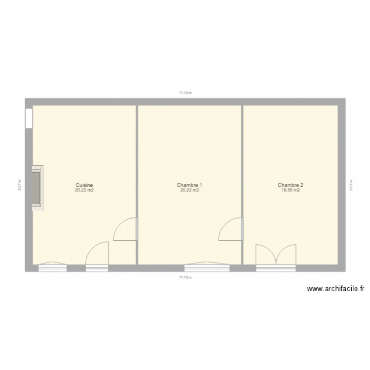 Salle. Plan de 3 pièces et 59 m2