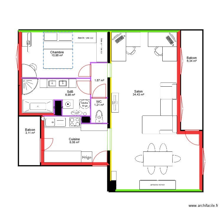 appart placo. Plan de 12 pièces et 73 m2