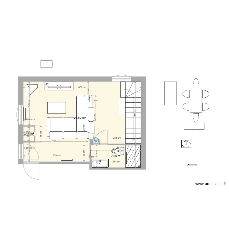 Maison Franconville SDB bas. Plan de 3 pièces et 25 m2