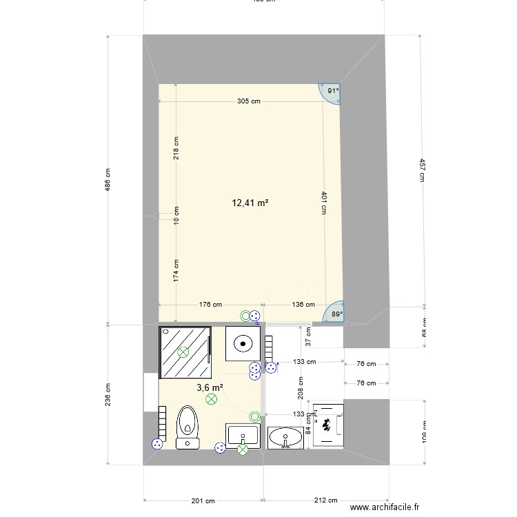 SDB ST FRONT V4. Plan de 2 pièces et 16 m2