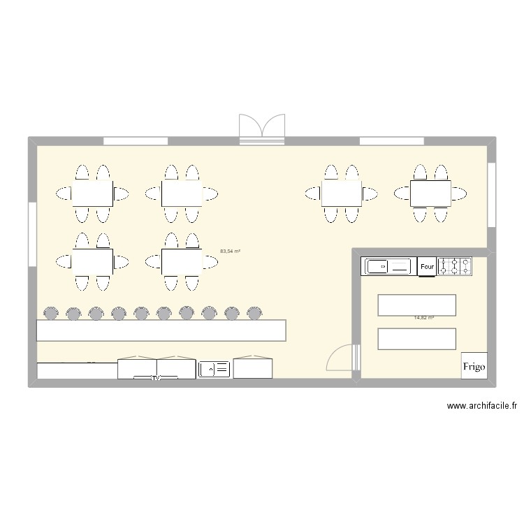 Restaurant plage. Plan de 2 pièces et 98 m2