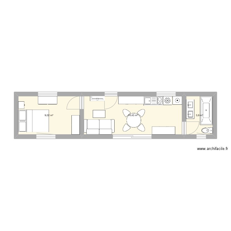 Gx 30. Plan de 3 pièces et 27 m2