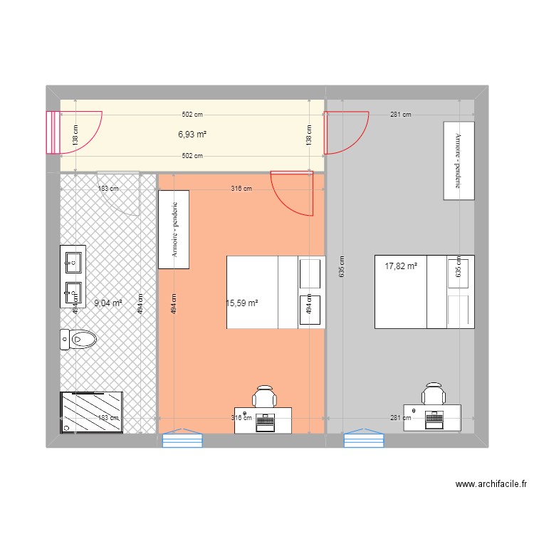 salle de bain chambre 2. Plan de 4 pièces et 49 m2