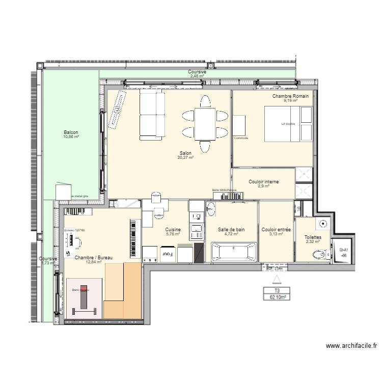 Appart 60m. Plan de 0 pièce et 0 m2