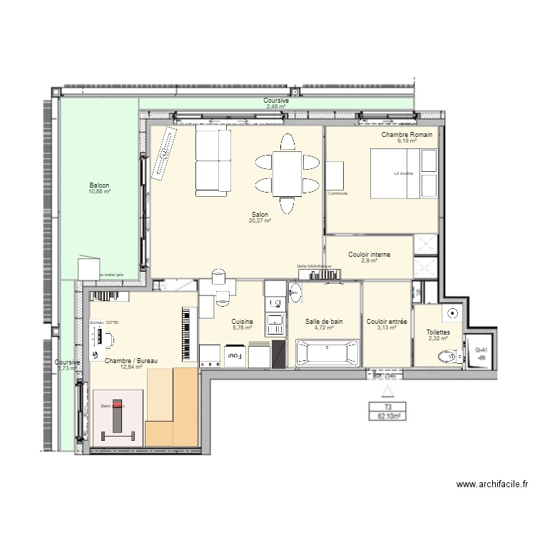 Appart 60m. Plan de 11 pièces et 76 m2