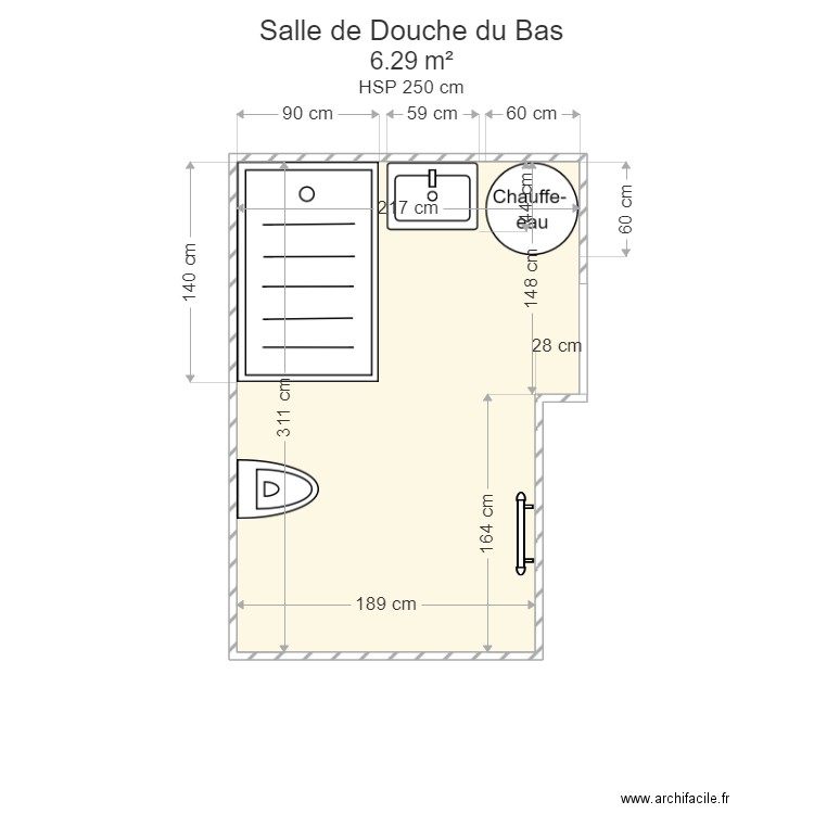 salle de douche bas. Plan de 1 pièce et 6 m2