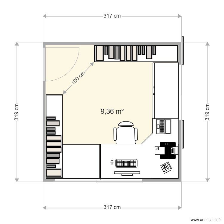 BURO de base OPT1-1. Plan de 1 pièce et 9 m2