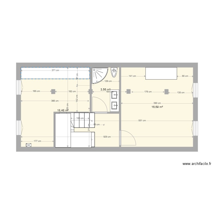 MuretBarry11EscalierBalancé Inversé. Plan de 3 pièces et 39 m2