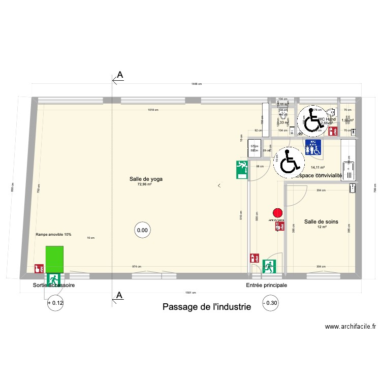 Centre yoga projet - Plan projet accessibilité. Plan de 7 pièces et 104 m2