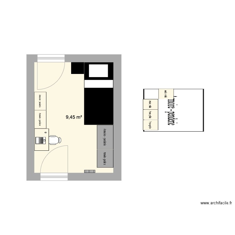 Chambre1. Plan de 1 pièce et 9 m2