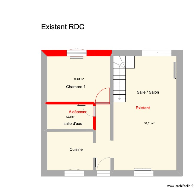 Rt Kerné rdc existant 2. Plan de 3 pièces et 53 m2