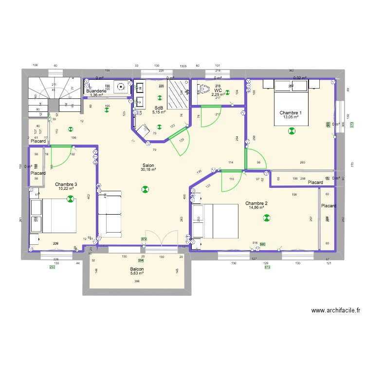 Etage. Plan de 20 pièces et 88 m2