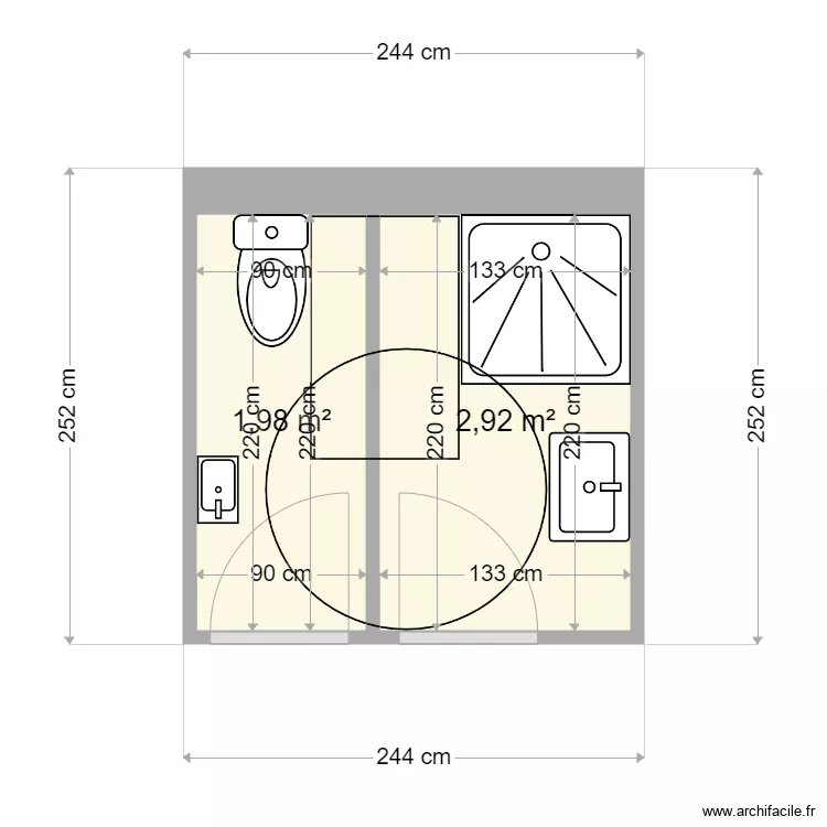 Salle de bains PMR. Plan de 
