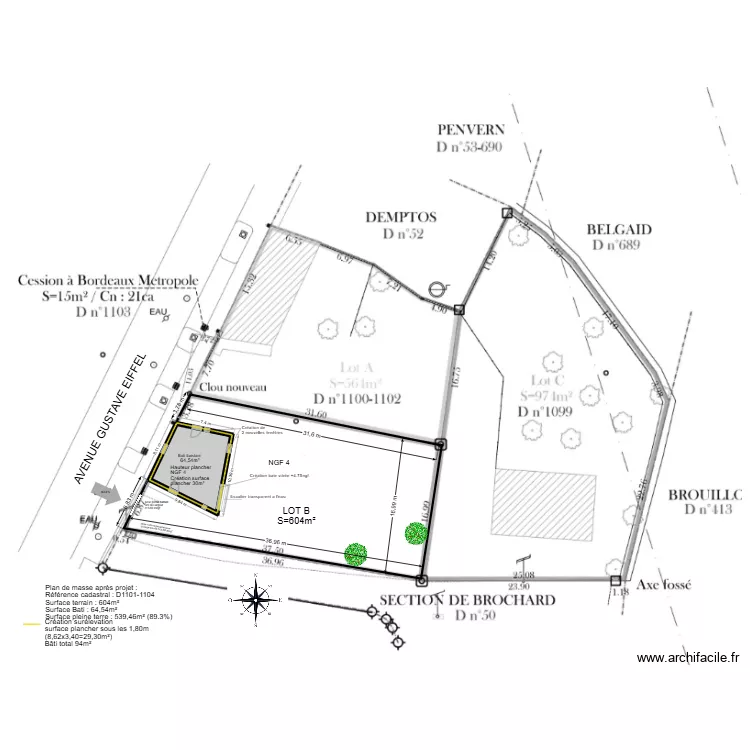 PLAN DE MASSE APRES PROJET 2 bois2. Plan de 1  et 65 m²