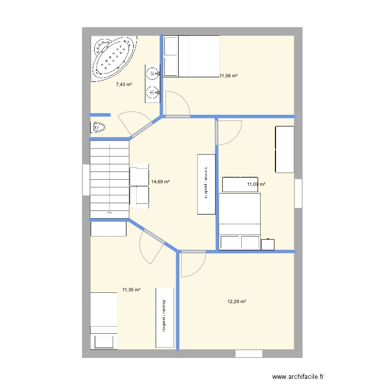 Étage pleboulle. Plan de 6 pièces et 68 m2