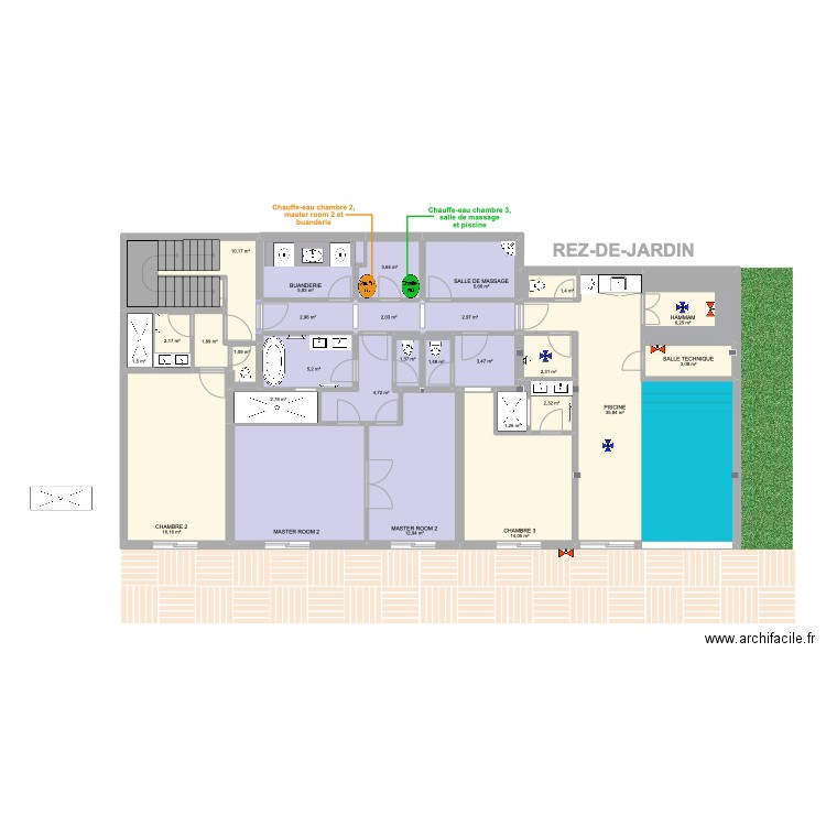 REZ-DE-JARDIN Plomberie. Plan de 28 pièces et 173 m2