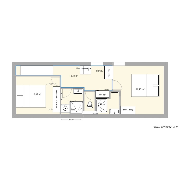 Meribel etage option wc. Plan de 6 pièces et 34 m2