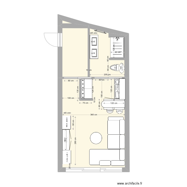 Studio Maison Plan murs en biais aménagé 3.60. Plan de 4 pièces et 28 m2