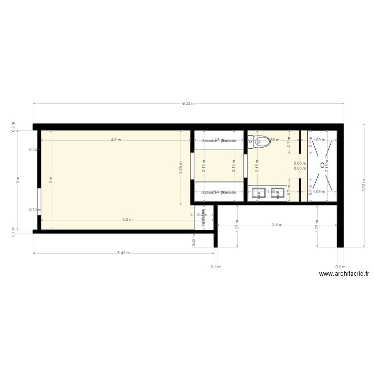 CHANTIER GONZALEZ SDB 2. Plan de 3 pièces et 23 m2