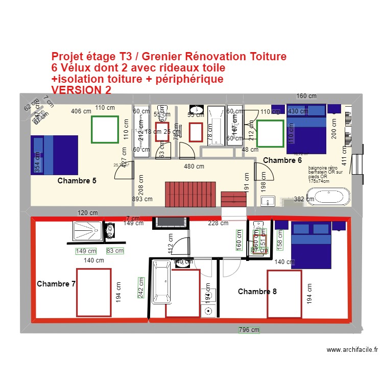 PProjet ETAGE T3 Réaménagement chambres étage . Plan de 7 pièces et 51 m2