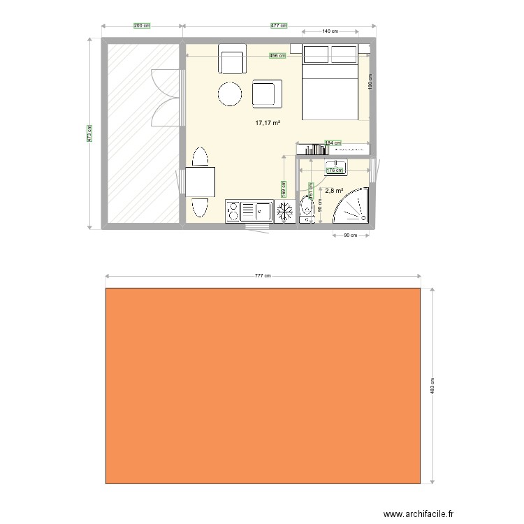 studio de jardin. Plan de 3 pièces et 28 m2