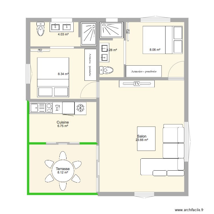 bungalow 2 chambres. Plan de 0 pièce et 0 m2