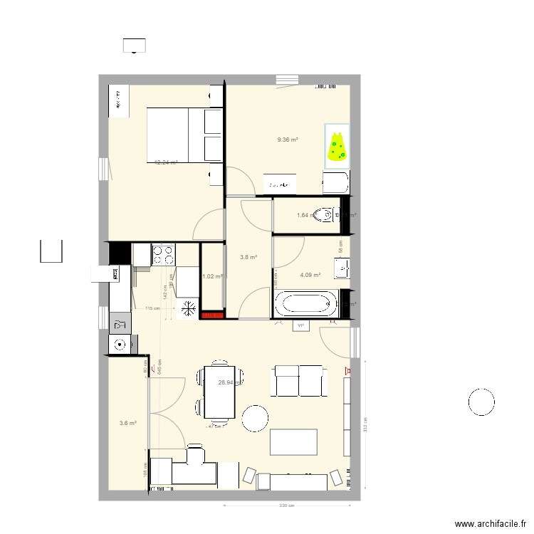 amenagement appartement v1. Plan de 11 pièces et 65 m2