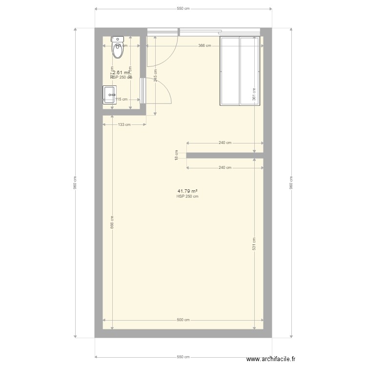 bouitique. Plan de 2 pièces et 44 m2