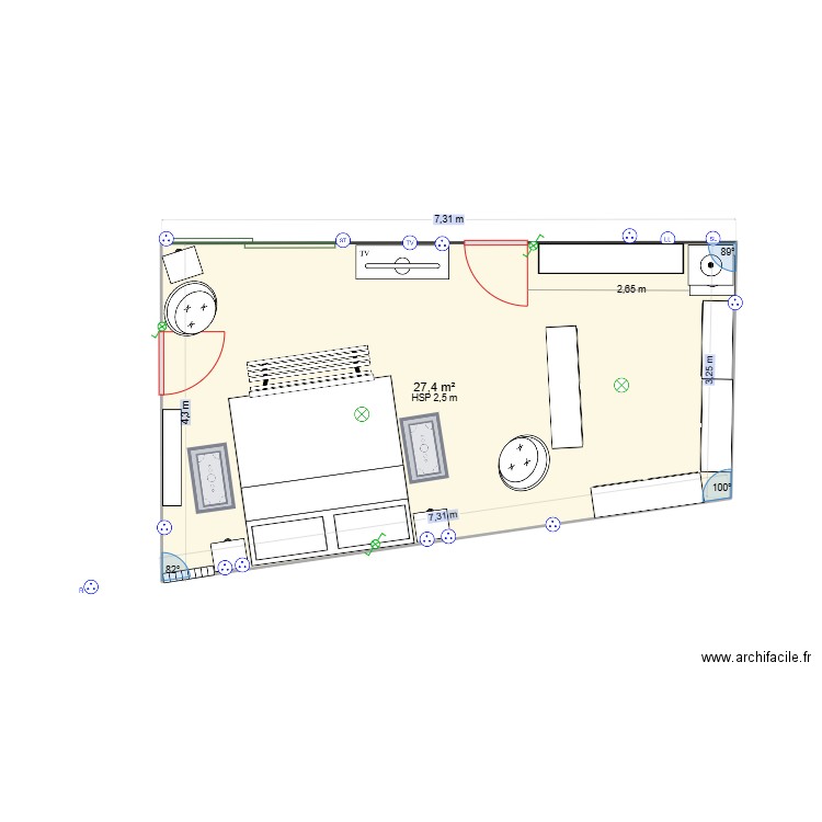 Chambre et dressing. Plan de 1 pièce et 30 m2