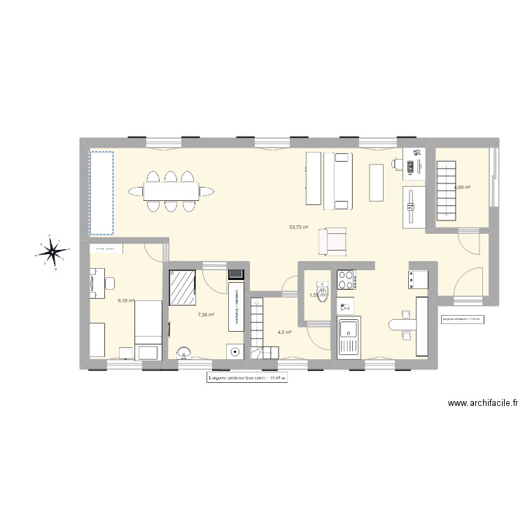 Maison RdC. Plan de 6 pièces et 81 m2