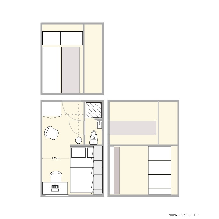 chambres 2 et 3 lit 140 alternative. Plan de 7 pièces et 28 m2