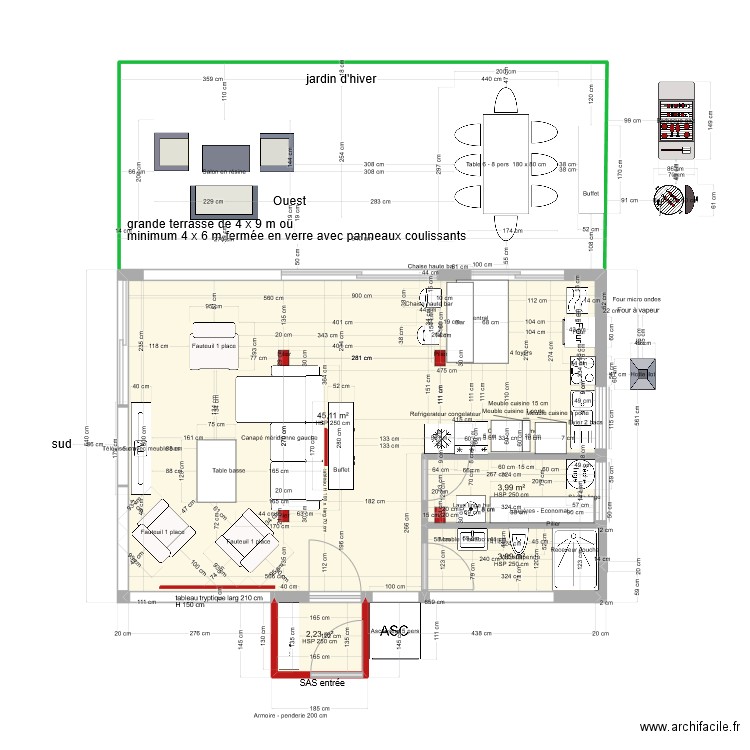 Plan Rez 54 m2  orientation Est-Ouest. Plan de 4 pièces et 55 m2