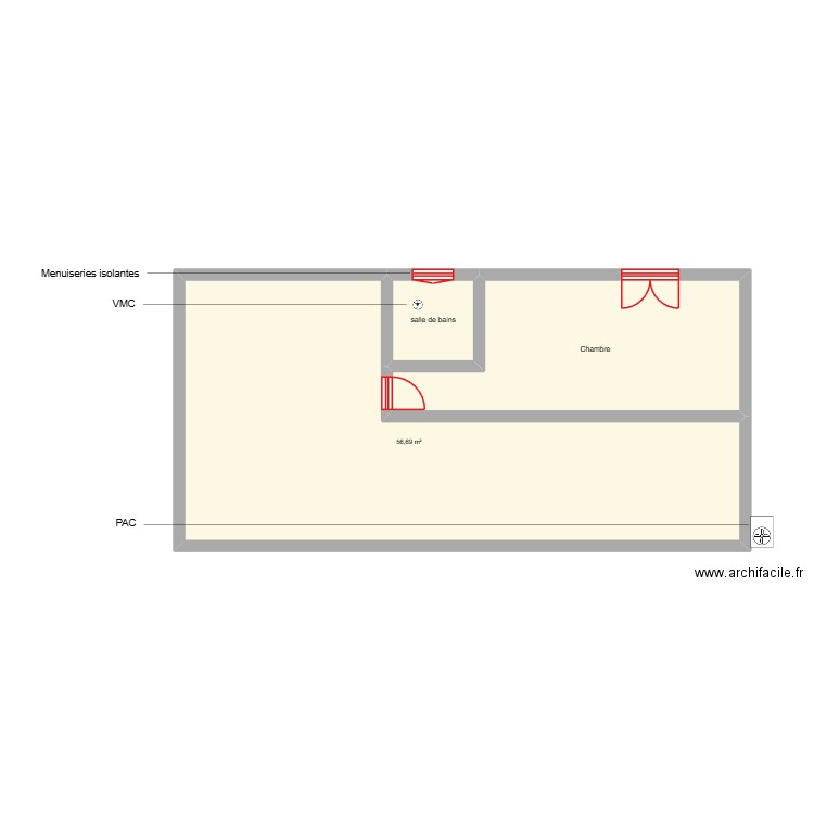 MONTAGUT sous sol scénario 3. Plan de 3 pièces et 83 m2