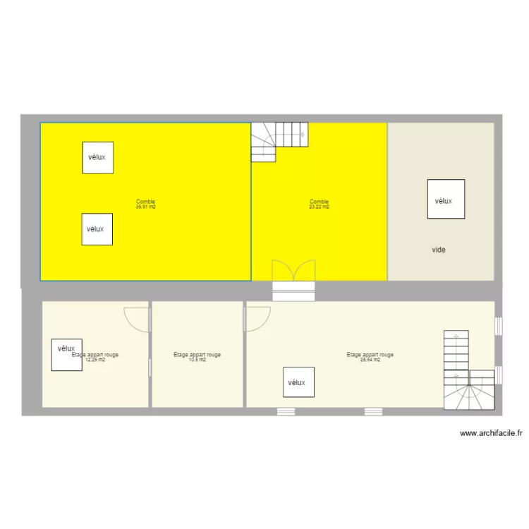 grenier et dessus appart rouge. Plan de 