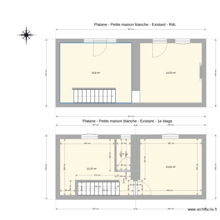 Platane Maison blanche existant. Plan de 5 pièces et 60 m2