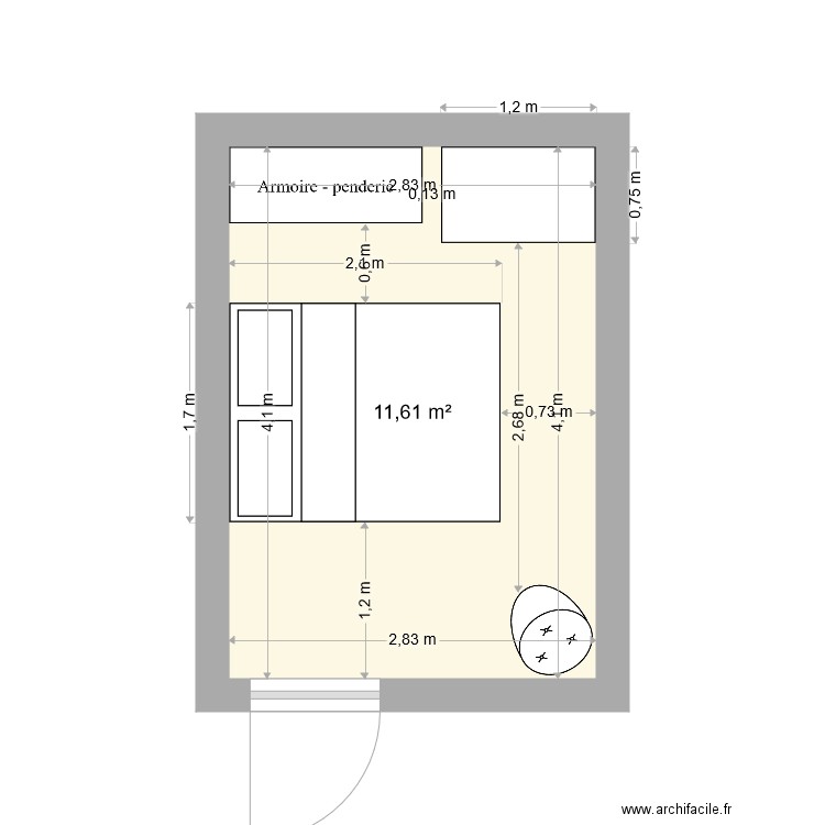 Chambre Claire. Plan de 1 pièce et 12 m2