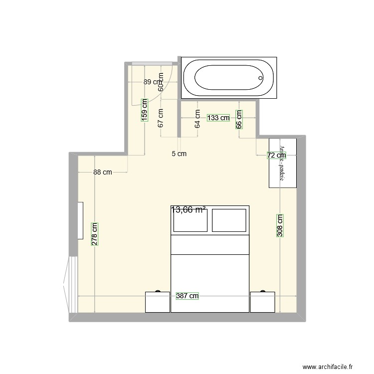 chambre mai 2023. Plan de 1 pièce et 14 m2