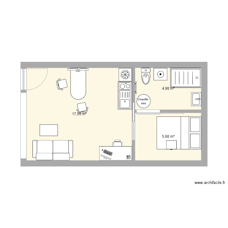 R2C 3. Plan de 3 pièces et 28 m2