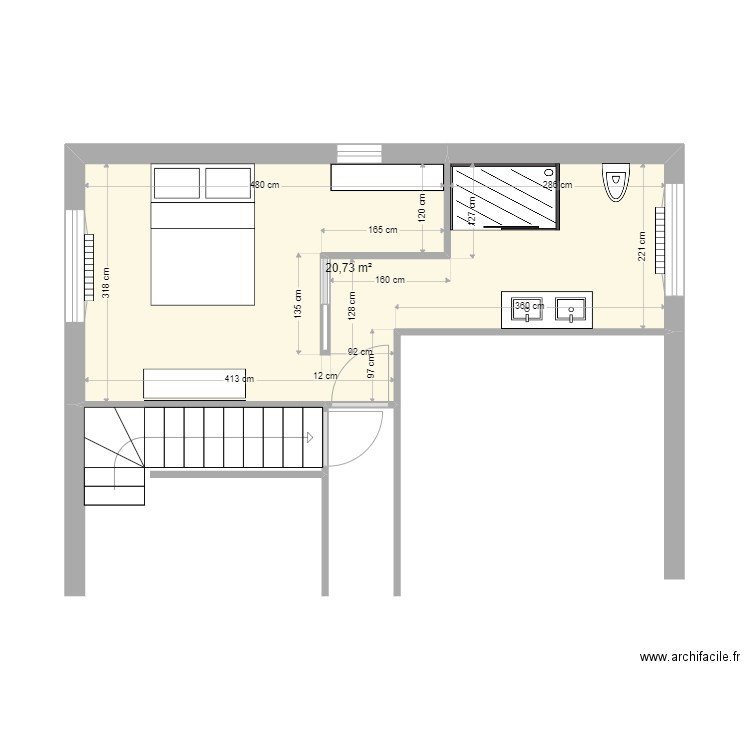 chambre rd chaussée. Plan de 1 pièce et 21 m2