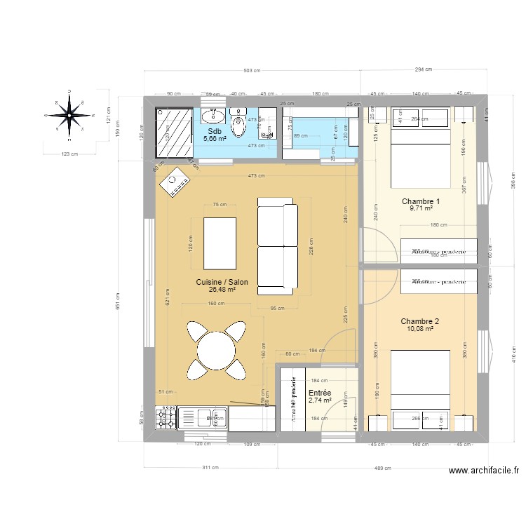 CABANE 2. Plan de 5 pièces et 55 m2