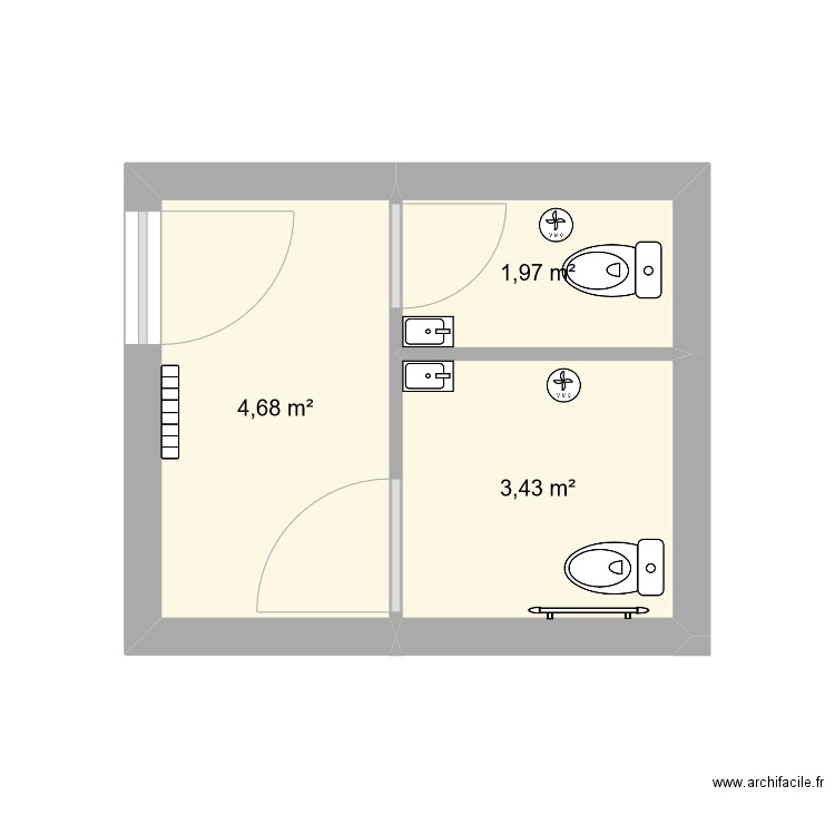 WC ecole. Plan de 3 pièces et 10 m2