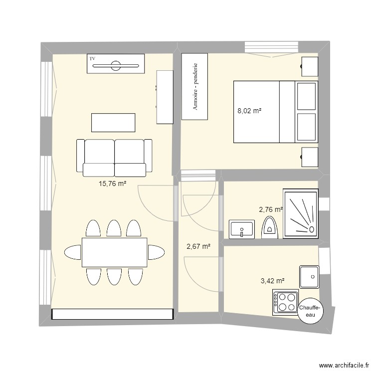 Plan Paris 11 - 33m2. Plan de 5 pièces et 33 m2