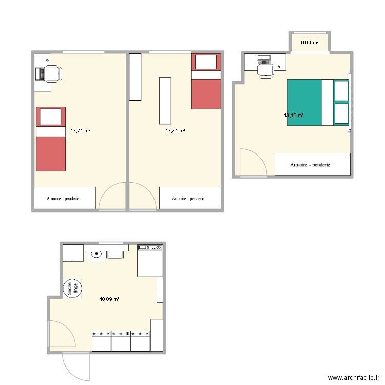 Chambre. Plan de 5 pièces et 52 m2