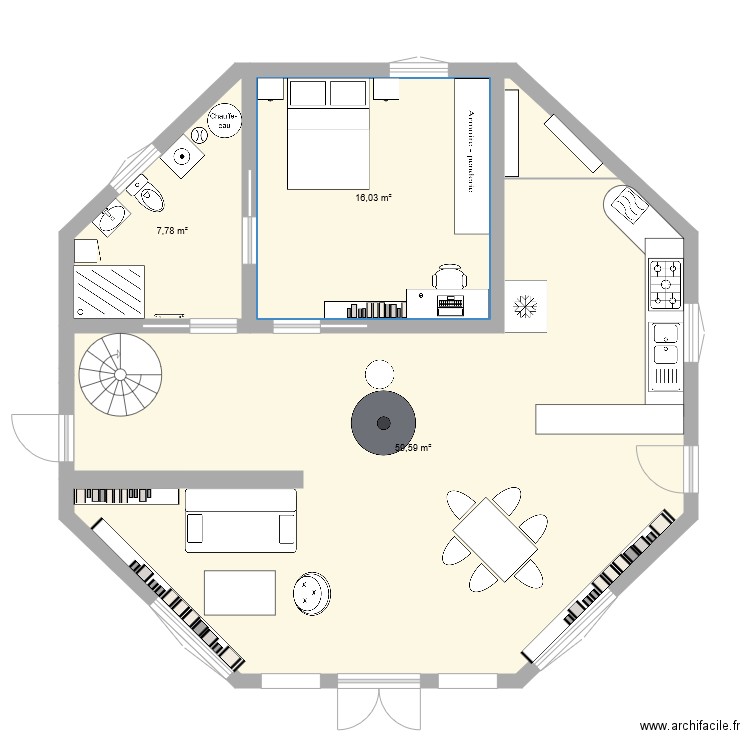 plan rdc maison octogonale. Plan de 3 pièces et 83 m2